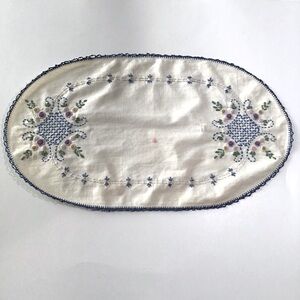 Needlepoint Doily White Blue Oval Floral 18"x10" Cottagecore Domestic VTG